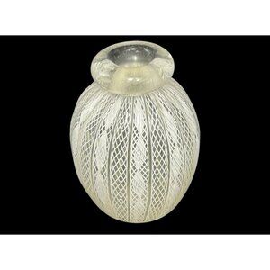 Vintage Murano Venetian Glass White Latticino Adventurine 2 7/8" Miniature Vase